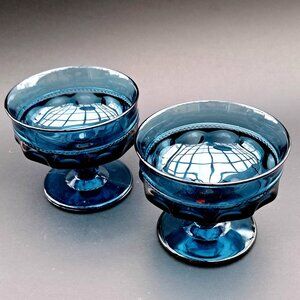 Vintage Set of 2 Blue Glass Sherbert Dessert Cups